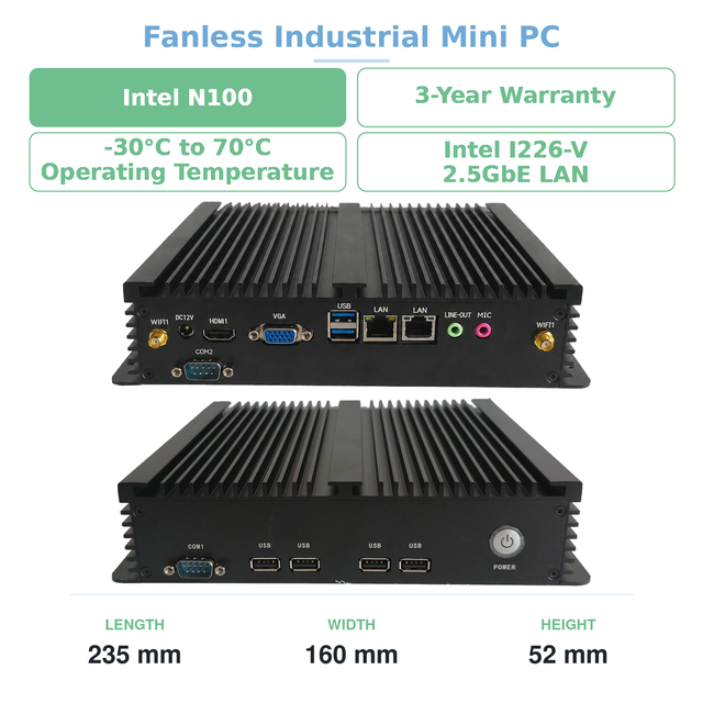 Used Intel N100 Fanless Industrial Mini PC  DC 12V Intel I226-V 2.5GbE LAN M.2 2280 NVME SATA3.0