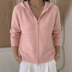 Cardigan tricoté à capuche pour femme, couleur unie, fermeture éclair, pull-over ample, automne-hiver, rose, blanc cassé, jaune, gris - Product Image 1