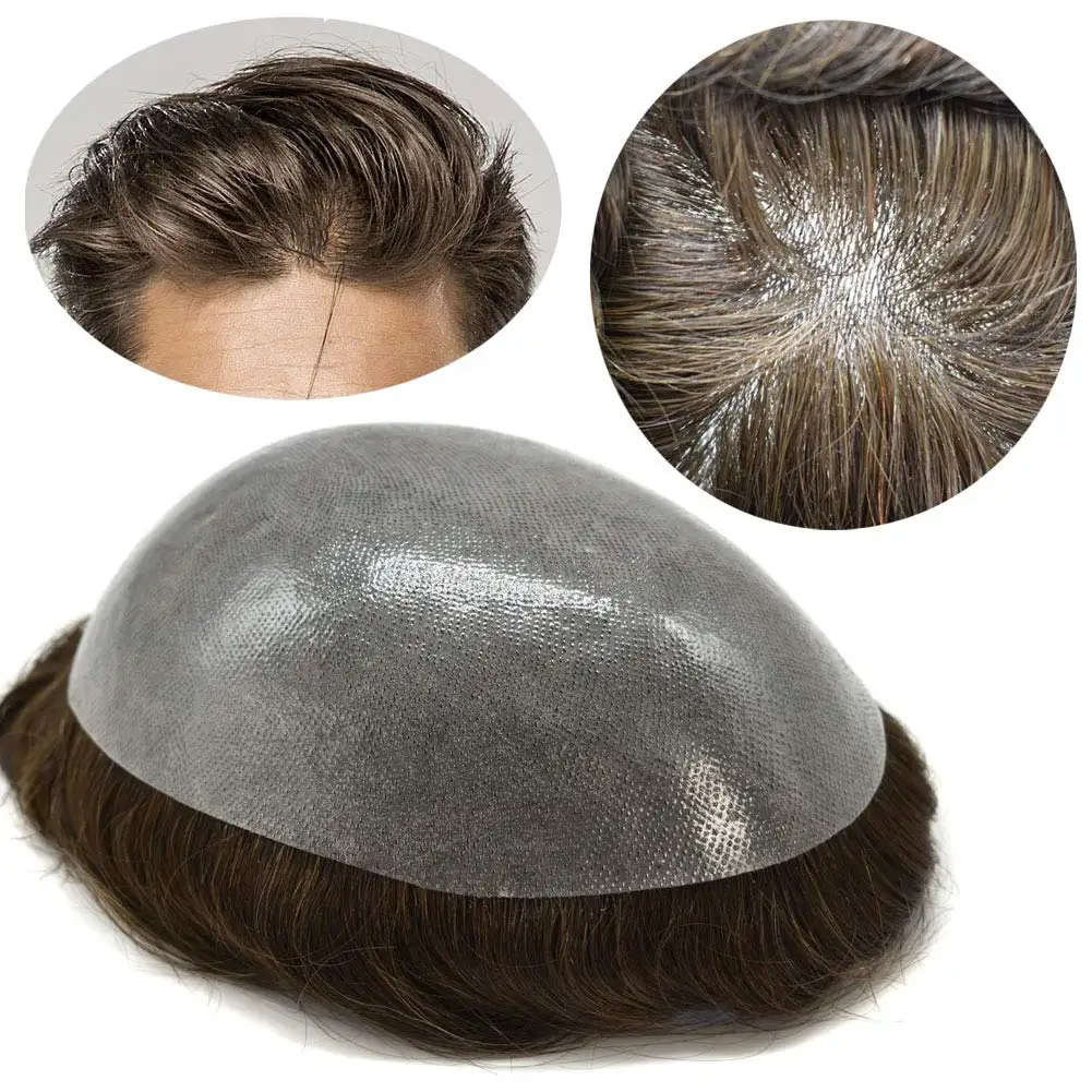 Prix de gros prêt à expédier produits peau fine 0.08-0.10mm cheveux humains système de remplacement de cheveux toupet pour hommes