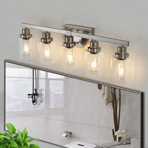 Lampe <span class=keywords><strong>de</strong></span> courtoisie moderne à 5 lumières en nickel brossé <span class=keywords><strong>avec</strong></span> abat-jour en verre transparent <span class=keywords><strong>Luminaire</strong></span> mural contemporain pour <span class=keywords><strong>salle</strong></span> <span class=keywords><strong>de</strong></span> <span class=keywords><strong>bain</strong></span> et lampes à <span class=keywords><strong>miroir</strong></span> - Product Image 2