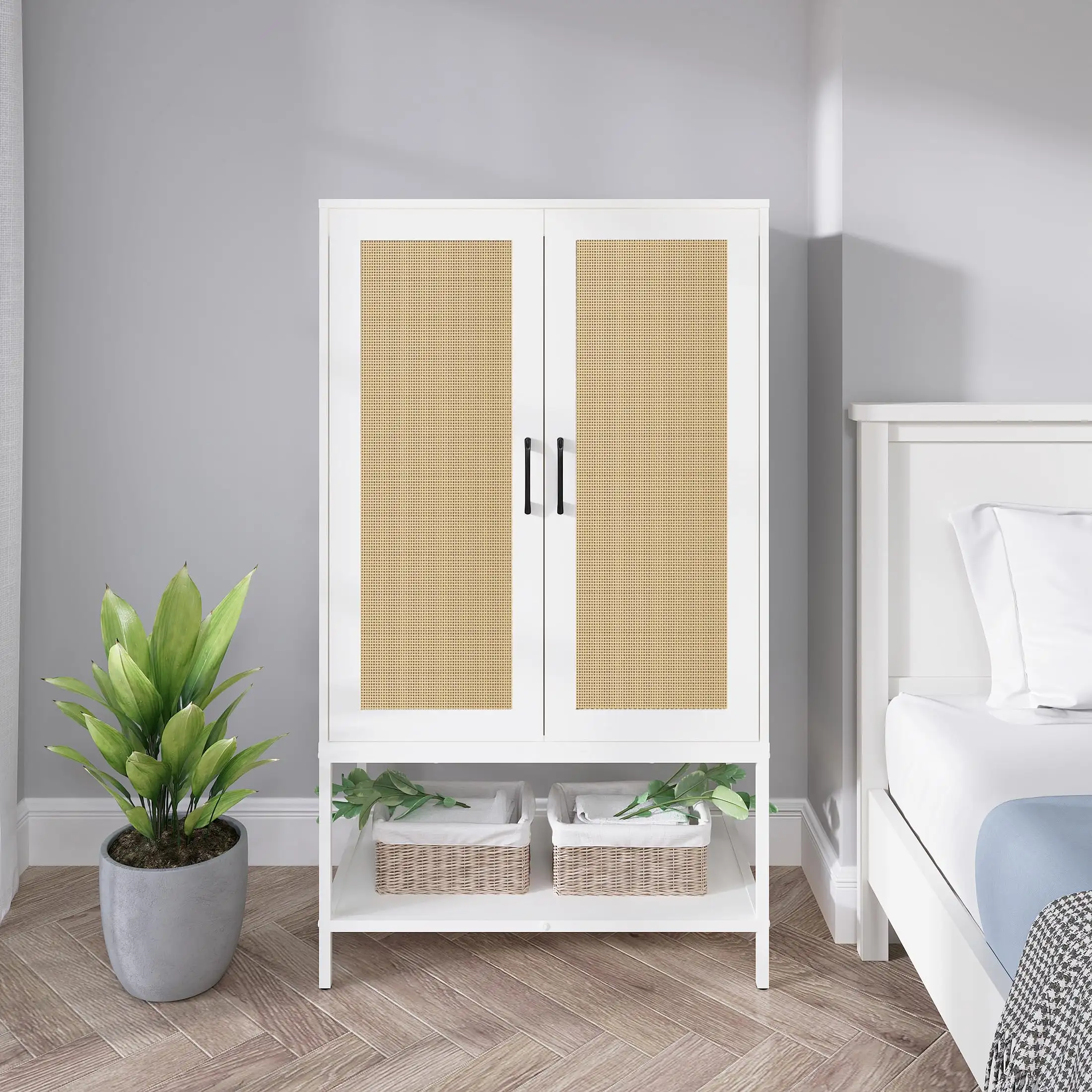 2 개의 문이있는 옷장 옷장 교수형 막대가있는 등나무 침실 선반이있는 독립형 나무 옷장 캐비닛 흰색