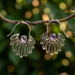 Boucles d'oreilles créoles en laiton argenté et améthyste pour femme, style bohème, cadeau de mariage, fête, vente en gros - Product Image 1