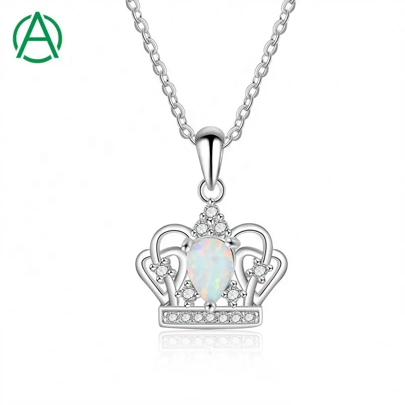 ArthurGem Hot Selling Women Jewelry Crown Shaped Opal Pendant Necklace 925 Sterling Silver Opal Jewelry
