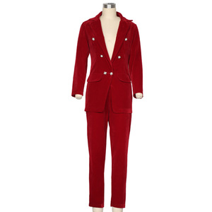 Trajes de Pantalón de Terciopelo Tejido Sólido de Doble Botonadura de Alta Calidad para Mujer con Botones en Oferta - Product Image 5