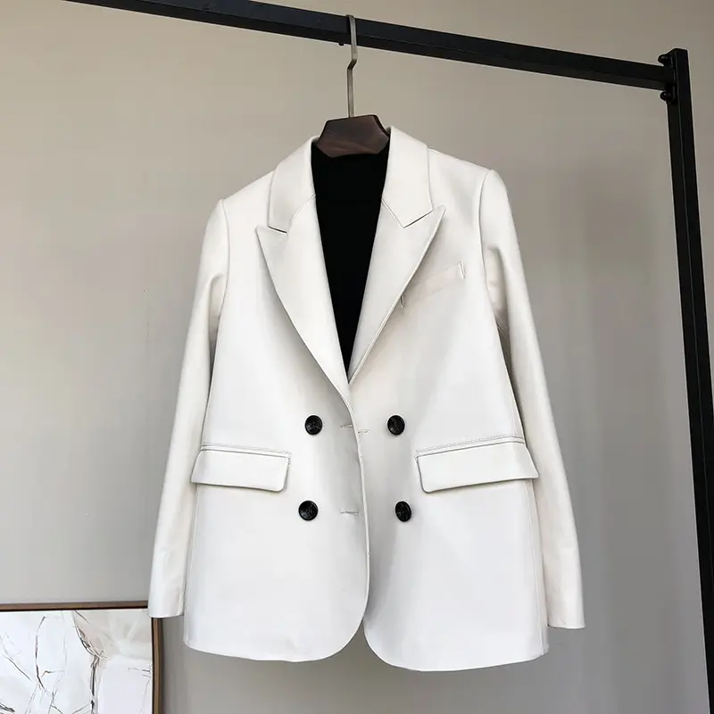 Musim semi kualitas tinggi Fashion wanita putih dirancang terbaru kasual kulit jaket Blazer wanita