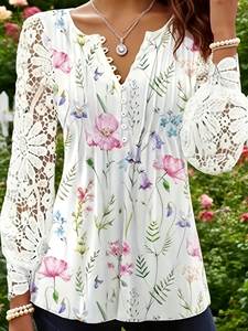 Chemisier à manches longues en dentelle à imprimé floral pour femme, taille plus - Haut Henley à col en V avec bord festonné pour un style décontracté et les vacances - Product Image 2