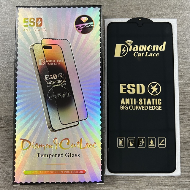 Transparent ESD Anti Static Tempered Glass Screen Protector Diamond Edge HD Cut Lace Film for iPhone 13 14 15 16 17 18 Pro Max