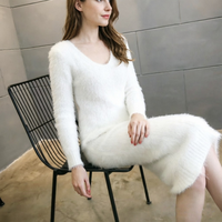 Robe pull moulante en maille duveteuse pour femme, manches longues, col en V, coupe ajustée, sexy, pour soirée d'hiver, longueur midi ou mini