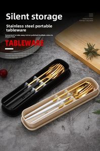 Ensemble de couverts portables en acier inoxydable de haute qualité avec logo personnalisé, couteau, fourchette, cuillère, baguettes dorées, moderne pour étudiants et bureau - Product Image 4