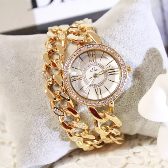 Bs relógio de pulso, novidade, corrente dupla, strass romano, relógio de pulso, diamantes, cravejado, moda de luxo, pulseira de aço 1329