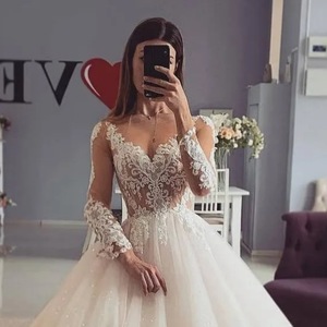 V Neck Long Sleeve Ball Gown Wedding Dress <b>White</b> <b>Lace</b> Vintage Style Elegant Bridal Gown - Product Image 1