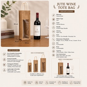 Best Quality Natural Jute Wine Bottle <b>Bag</b> Reusable Tote with Cotton Handles for Gift Packaging and Shopping Available for Sale - Product Image 3