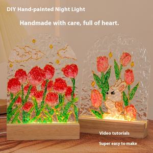 Hecho a mano DIY pintura al óleo vidrio luz nocturna fuente de luz LED enchufable potencia pintada a mano agua ondulación hoja acrílica para festivales - Product Image 2