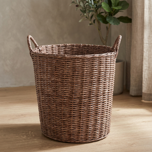 Rattan Storage <b>Basket</b> Round With Handles Handcrafted Clothing Organizer Rustic Style Living Room Use - Product Image 2