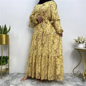 Excellent New Muslim Long-sleeved Lined Chiffon Print Lace-up Women's Long Skirt Big Hem Dress Muslim Women's Dress