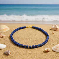 Kalung Rantai Manik-manik Batu Lapis Lazuli Alami Buatan Tangan dengan Aksen Berlapis Emas untuk Perhiasan Uniseks Elegan Gaya Romantis.