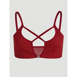 Bralette personalizado con cierre frontal, sin aros, con tiras cruzadas, diseño calado, tejido, para mujer, forma de copa triangular - Product Image 3