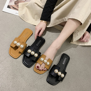 Nuevas Sandalias Planas de Verano para Mujer con Cuentas y Perlas, Punta Abierta, Estilo Casual, Tallas Grandes, Suaves, con Banda en H, para Playa - Product Image 1