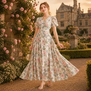 Abito Lungo Personalizzato OEM con Logo, Stampa Floreale Giardino di Rose Inglese, Maniche a Sbuffo, Stile Romantico, Vestito Floreale <span class=keywords><strong>da</strong></span> Donna - Product Image 4