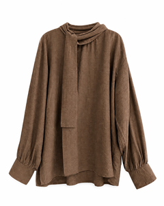 Chemise à manches longues marron à col roulé avec manches lanternes pour filles, style décontracté, couleur unie, tissu viscose, style automne - Product Image 3