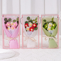 TC Best-seller : Ensemble de fleurs en laine avec boîte cadeau en PVC, cadeau pour la fête des mères, bouquet de fleurs tricotées fait main, 5 pièces, décoration d'anniversaire
