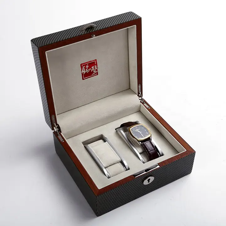 High-end de luxo de fibra de carbono logotipo personalizado atacado relógio de armazenamento caixa de madeira 2 slot caixa de relógio caso relógio de viagem
