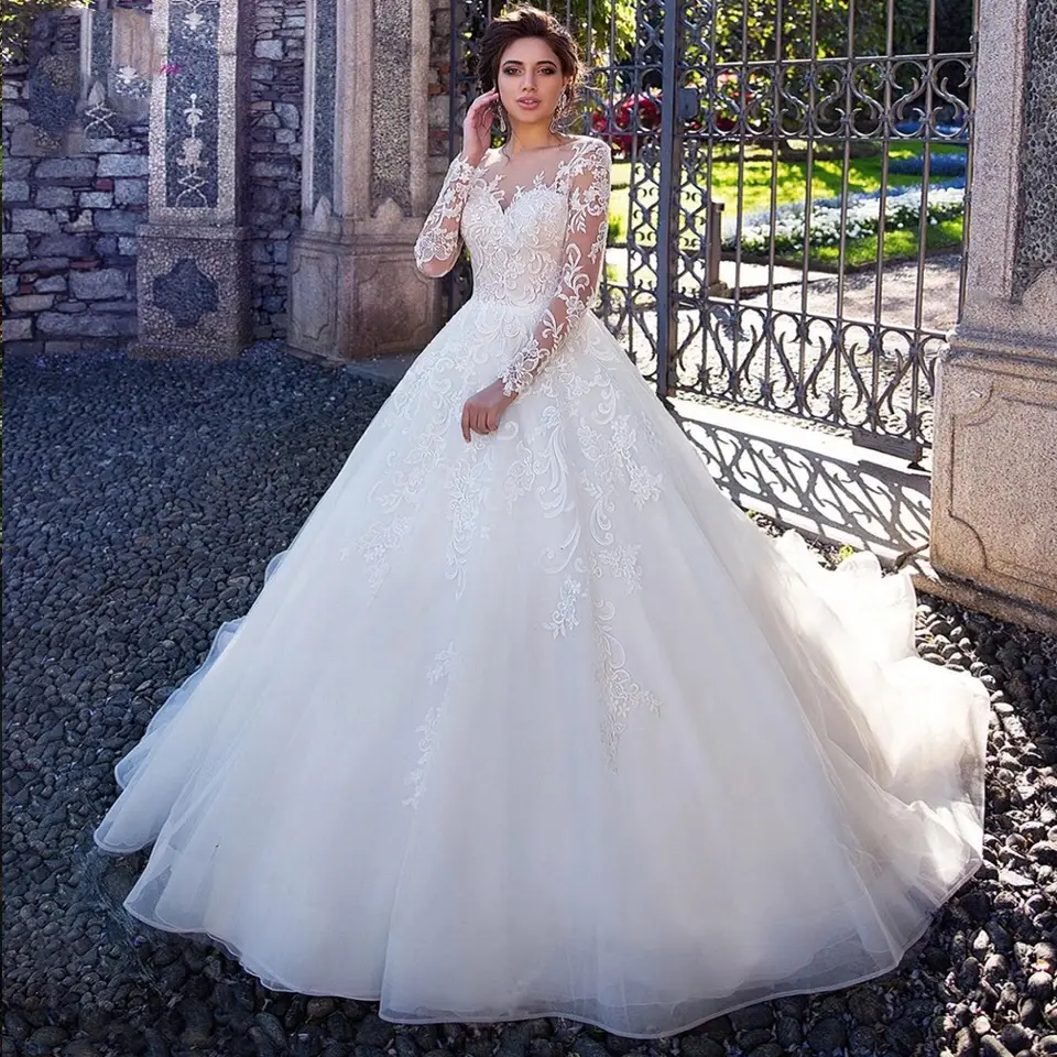 European And American New Custom Women Sexy Round Neck Long-Sleeved Skirt Large Size Spring Wedding Dresses