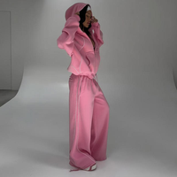 Ensemble de survêtement personnalisé pour femme, rose, épais, avec sweat à capuche court ample zippé et pantalon de survêtement à épaules tombantes