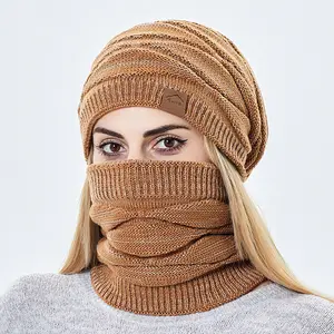 Winter Beanie Hat Scarf,Warm Fleece Lined Knit Skull Cap Neck Warmer Set,Cuffed Knitted Beanies for Men Women