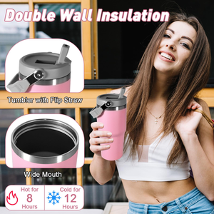Bouteilles d'eau roses mignonnes pour enfants, gobelet isotherme de 20 oz avec logo personnalisé, gobelet pour enfants avec poignée, tasse thermos sous vide de dessin animé pour l'extérieur - Product Image 5