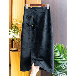 Women's Jacquard Midi Skirt High Waist Beaded Button Slit Bodycon Retro Chinese Style Satin Fabric - Product Image 1