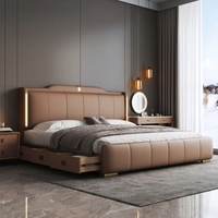 Cadre de lit King/Queen personnalisable en cuir minimaliste avec rembourrage confortable, structure en bois de pin, rangement intégré, écologique