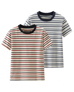 T-shirt rayé à manches courtes pour homme, col rond, tricoté, coupe décontractée, col côtelé contrastant, usage quotidien, haute qualité, uni - Product Image 1