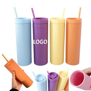 Custom LOGO 16oz Reusable Double Coffee Travel Mug Straight Body Water Party Cup Gifts BPA Free With Lid Straw for Home Travel - Product Image 1