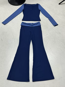 Womens Color Block Short Two Piece Set Raglan Sleeve Crew Neck <b>Top</b> with Low Rise Flare Pants <b>Y2K</b> Athleisure Casual Outfit - Product Image 2