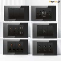 Prise murale standard américaine en verre trempé noir 118 x 73 mm, 10A, 6 prises, 20W, charge rapide USB-C, TV satellite, prise de données CAT6