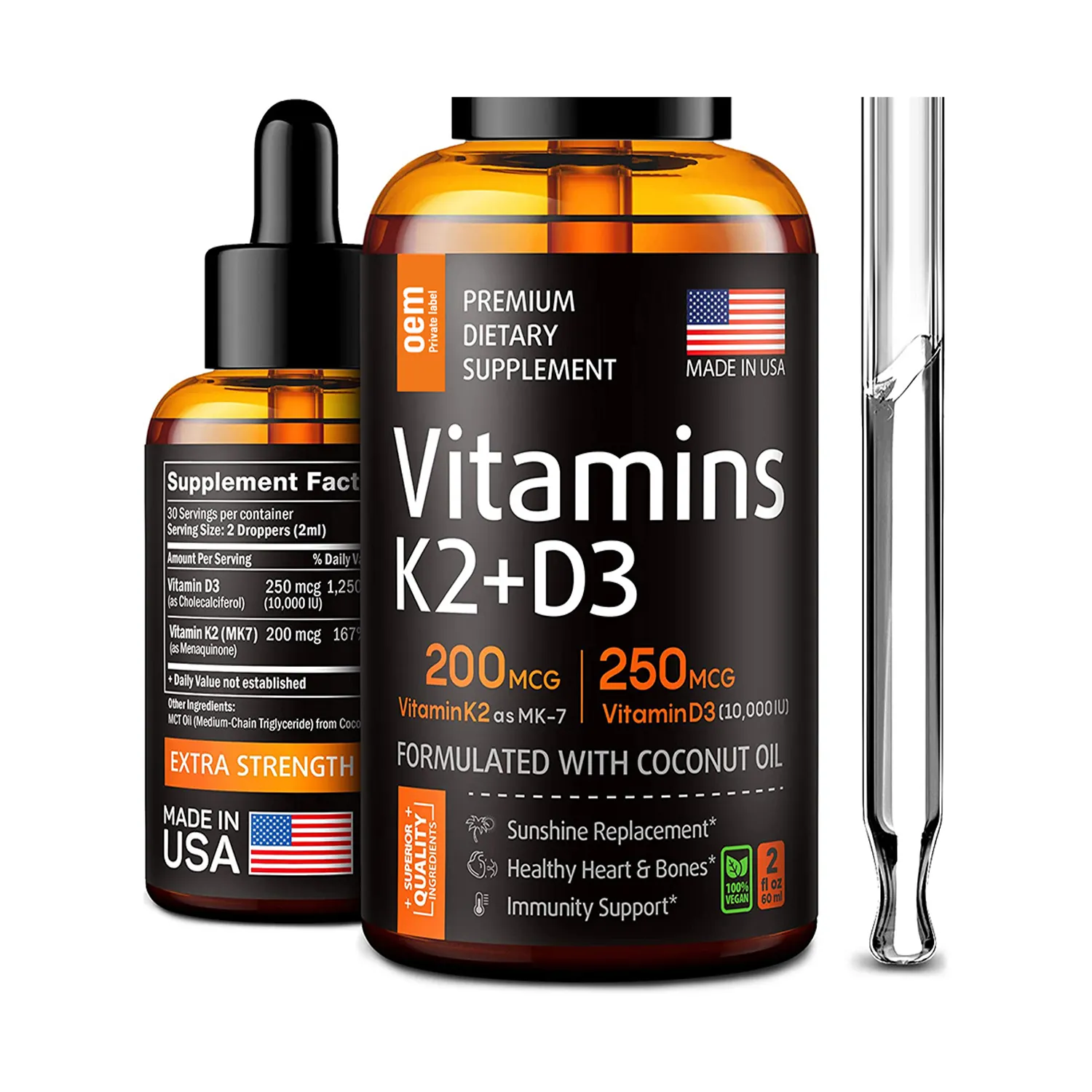 Private Label Biologische Vitamine D3 K2 Vloeibare Druppels Premium Immuun K2 D3 Oliesupplement Voor Botdichtheid Hartondersteuning Volwassenen Oem
