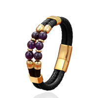 Bracelet artisanal pour homme en cuir avec perles de quartz rutile et améthyste, fermoir en acier inoxydable