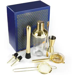 CAMOL FACTORY Wholesales customized Bartender Kit 9pcs 450ml Martini Glass Shaker Stainless Steel Golden Cocktail Shaker Set