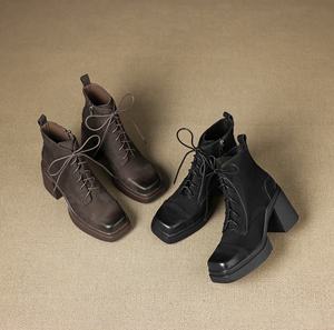 Botas de cuero genuino con cordones delanteros, punta redonda, tacón alto, color sólido, elegantes y versátiles, con capa superior de cuero vacuno. - Product Image 6