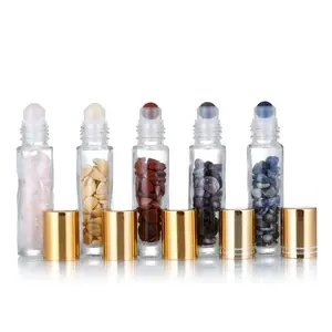 10ml yeşim Roll-On cam parfüm şişesi yeşim boncuk altın kapaklı ezilmiş taş taş uçucu yağ şişe