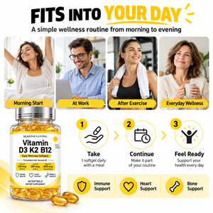 Cápsulas Blandas de Vitamina D3 K2 B12 OEM para Bienestar Diario, Nutrición Equilibrada y Apoyo Energético, Fórmula Sin Azúcar, 60 Unidades - Product Image 4