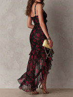 Robe longue élégante Joydressing noire et rouge à motifs floraux, sexy, asymétrique, à volants et fente haute, pour soirées, vente en gros, fournisseur personnalisé