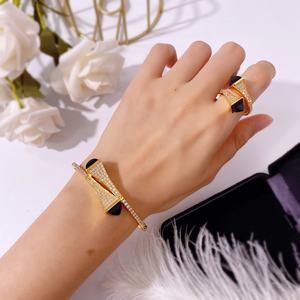 Hibride Chic Afrikaanse Zirkonia Geometrische Open Manchet Gouden Bruiloft Armband En Ring Sieraden Set Voor Vrouwen Geschenken N-1928 - Product Image 5
