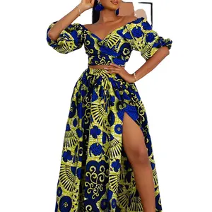 非洲印花100% 棉安卡拉上衣和马克西裙套装非洲服装女性时尚女性非洲连衣裙