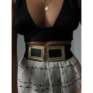 Cinturón Elástico para Mujer con Hebilla Dorada en Forma de Caja, Accesorio de Moda Casual con Baño de Aleación - Product Image 3