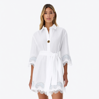 Nouvelle Robe Chemise Courte Midi Bohème Personnalisée pour Femme, Blanche, à Manches Longues, avec Broderie Paisley, Bordure en Dentelle, Boutonnée et Ceinture à Nouer