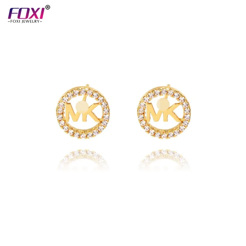 Foxi Jewelry 18k Gold Plated Brass Cooper CZ Stone Hoop Piercing Letter Stud Fashion Earrings For Women 2021