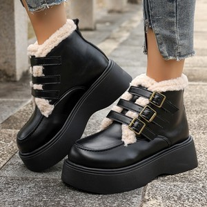 Bottes de neige vintage nordiques pour femme, doublées polaire, épaisses, avec boucle de ceinture, semelle épaisse, bottes en coton chaudes rehaussantes - Product Image 1