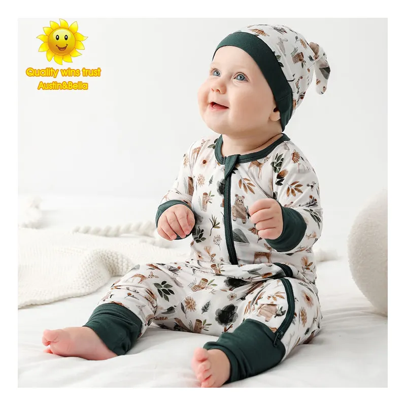 Custom Design Overal Bedrukte Boetiek Hoge Kwaliteit Custom Baby Bamboe Baby Rits Jumpsuit Pasgeboren Kleding 0-3 Maanden 6993